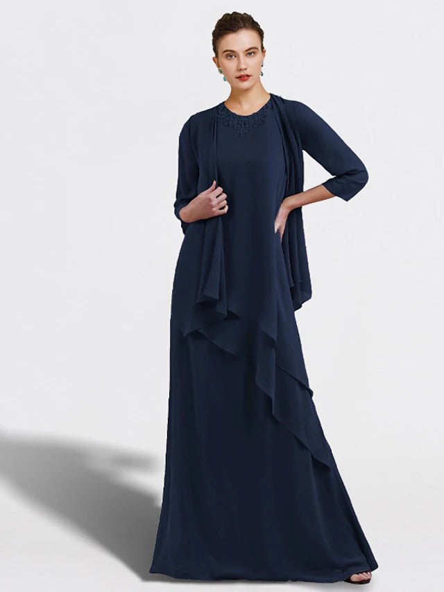 Two Piece A-Line Mother of the Bride Dress Plus Size Elegant Jewel Neck Floor Length Chiffon Sleeveless Wrap Included with Ruffles Appliques